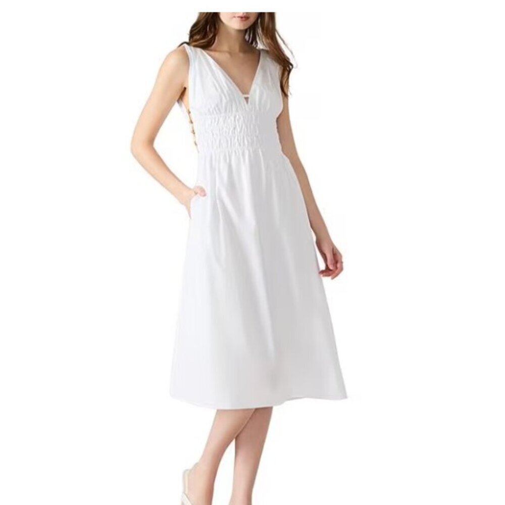 Steve Madden Kassie Beaded Smocked V-Neck Poplin Dress | White | Small